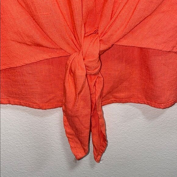 Umgee USA Linen Blend Tie Front Top Medium Orange Fringe Hem Boho Casual Blouse - Picture 4 of 10